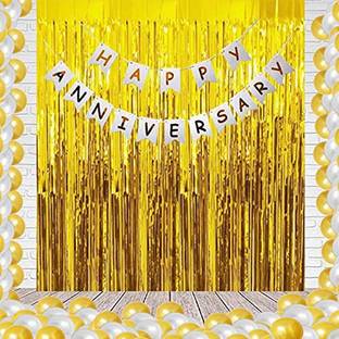 Realistic Store Solid Happy Anniversary White Banner Balloons & 2 Pcs Golden Curtain with 30 Pcs HD Metallic Balloons (Golden & Silver) For Decoration Kit Combo Set Balloon