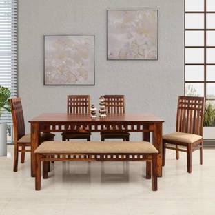Douceur Furnitures Solid Sheesham Wood 6 Seater Dining Table With 1 Bench, 4 Chairs For Dining Room Solid Wood 6 Seater Dining Set