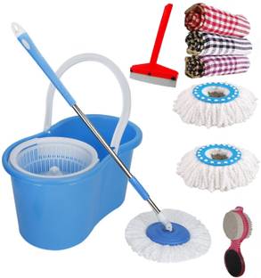 GTE Easy Magic Spin Floor Mop 360 Degree Bucket Mop with Plastic Spinner 3 Refill Mop Combo Duster, Cleaning Cloth, Kitchen Wiper, Mop