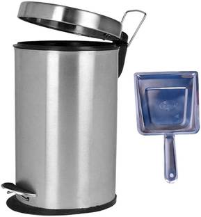 MOTI METAL INDUSTRIES MMI Trash Can Pedal Bin, Round Stainless Steel Heavy Garbage Bin with Lid & Step Foot Pedal |with Removable Inner Bucket For Kitchen, Bathroom & Office (FREE 1 STEEL DUSTPAN) (SMALL 5 LITER) Stainless Steel Dustbin