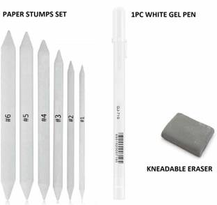 ARTTWALA White Paper Stump/Art Blender/Tortillons to Smudge or Blend Charcoal, Crayon & Graphite (with Kneadable Eraser & Highlighter Pen)