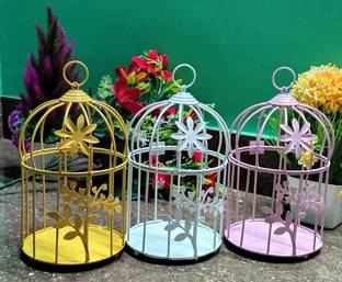 SIRAAJ&SONS Decors Bird Sparrow Big Metal Cage Round for Flower Decoration theam Party Decorations Tea Lights Decoration Indoor Outdoor Decoration Pack of 3 (White,Yellow,Pink) Iron Tealight Holder