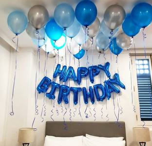 Bash N Splash Solid Blue Happy Birthday Party Decoration Pack with Dark Blue, Light Blue & Silver Balloon with ribbon & Glue Dots(Pack of 45) Letter Balloon