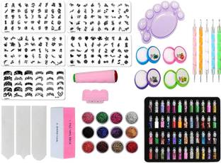 Royalkart Mega Combo Kit Of Nail Art Tools 3D Nail Art Stamping Image Plates, Double-sided Stamper & Metal Scraper, 48 pcs Glitter Bottle Set, 5 pcs Double-sided Dotting Tool, Nail Art Palette, Nail Buffer, Finger Tip Guide, 12 Pcs Glitter Powder Set and Multicolour Nail Cleaning Tissue