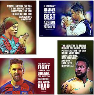 Cristiano Ronaldo, Loinel Messi, Neymaar, Ronaldinho Motivational Wall Posters and Inspirational Quotes for Office, Home and gym, (Sportsmen, Footballer Poster) Pack of 04 Paper Print
