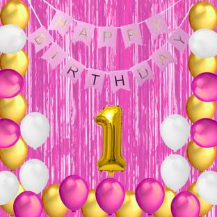 PARTY MIDLINKERZ Solid Happy Birthday Balloons Decoration Kit 29 Pcs, 1 set of Pink "Happy Birthday" 13pcs alphabet Banner and 24pcs HD Metallic (Pink, White & Golden) and 3Pcs Pink Curtains with 1Pc Number Balloon for Kids Girl Birthday Balloons Decorations Items Combo with Happy Birthday Banner boy 1st Birthday Latex Metallic Balloons Balloon (Multicolor, Pack of 29)
