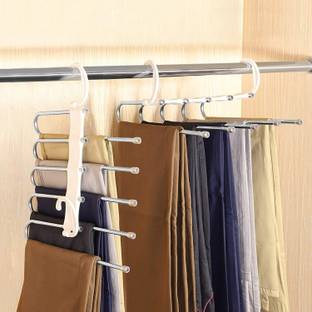 Urbanware Adjustable 5 in 1 Pants Hangers,Multi-Layer Hanger Made of Plastic & Aluminum for Wardrobe,Home Storage for Organizer,Folding Space Saver Storage for Trousers Scarf Tie Belt - White (Pack 2) Steel Dress Pack of 2 Hangers For  Dress