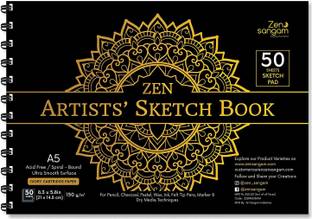 Zen Sangam Express your Mind Artists' A5 Sketch Pad Drawing Notebook (Spiral), 50 Sheets(100 Pages) 21x14.8cm, 150 GSM Acid Free Ivory Cartridge Paper for Pencils,Fineliners,Crayons,OilPastels,Light Watercolour - Gold Sketch Pad