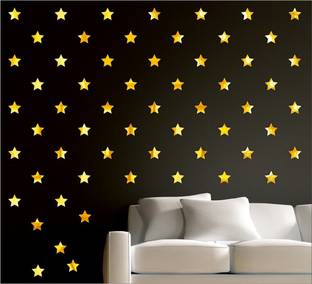 wall1ders 5 cm 50 Stars Golden 3D Acrylic Mirror Wall Sticker for Home & Office Self Adhesive Sticker