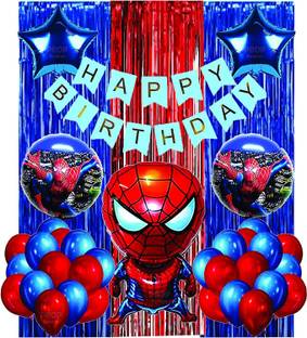 Fun and Flex Spider man Theme Happy Birthday Blue Banner 2 Blue Stars Spiderman 5 pcs Set 2 Blue 1 Red Curtains 15 Blue 15 Red Balloons for Birthday Party, Baby Shower, Happy Birthday Theme Party for Kids Decorations