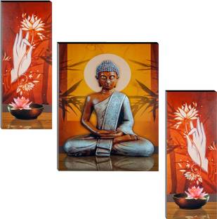 Indianara Set of 3 Meditating Gautam Buddha with Lotus Flowers MDF Art Painting (3580FL) without glass (4.5 X 12, 9 X 12, 4.5 X 12 INCH) Digital Reprint 12 inch x 18 inch Painting