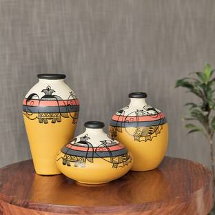 Artysta Warli Hand-painted Set of 3 Beautiful Terracotta Vase