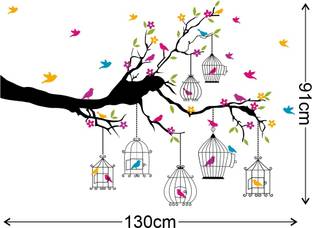 Wallzone Colrful Bird Cages in the Tree Medium Vinyl Wallsticker (91 cm x 130 cm)