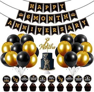 ZYOZI Happy 6 month Anniversary, Happy 6 month Wedding Anniversary Decorations with Banner, Glitter Cake Topper, Cup Cake Topper and Balloons for 6 month Anniversary Party Decorations (Pack of 37)