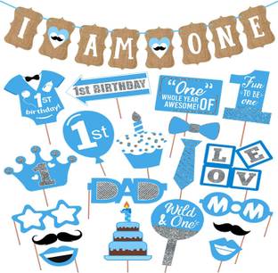 ZYOZI 1 Set I Am One Banner for Boys ,19 1st Birthday Photoshoot Props for Boy,1st Birthday Photo booth Props,1st Birthday Photo Props,1st Birthday Banner for Decoration Total 20 Pcs Combo