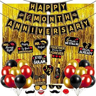 ZYOZI Happy 6 Month Anniversary, Happy 6 Month Wedding Anniversary Decorations with Banner, Foil Curtain, Photobooth Props and Balloons for 6 Month Anniversary Party Decorations (Pack of 43)