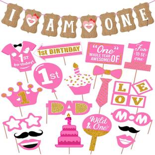 ZYOZI 1 Set I Am One Banner For Girls and 19 Piece Photo Booth Props For Girl Decoration 1st Birthday Decoration for Girls,First Birthday Decoration Items for Girls Combo Total 20 Pcs