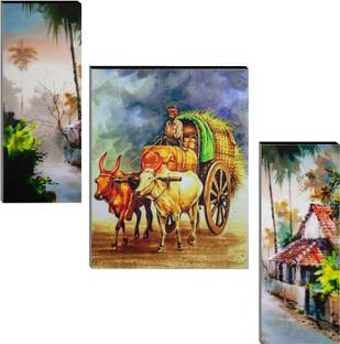 Indianara Set of 3 Indian Village MDF Art Painting (3581FL) without glass (4.5 X 12, 9 X 12, 4.5 X 12 INCH) Digital Reprint 12 inch x 18 inch Painting