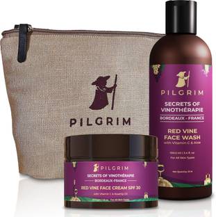 Pilgrim Red Vine Anti Ageing Face Glow Kit with Jute Bag | Deep Cleansing, Moisturising | Reduces Pigmentation | Red Vine Extract Face Wash 100ml, Day Cream SPF 30 50gm | All Skin type | Men & Women
