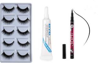 CRISTEN 5 Pair False Eyelashes, Glue, and 36 Hrs Black eyeliner (7 Items in the set) (Pack of 7)