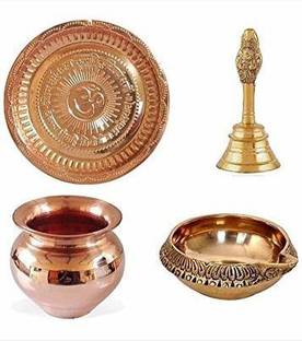 SIYAA SIYAA ;- Pooja Materials Set for Workship with Special Pooja Thali God Bell, and Lota Maded with Brass deep Set of 4 pcs (in pack of 1) Copper, Brass