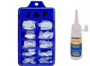 J & F Artificial Arylic Fake 100 Nails with Glue White