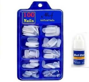 Alkaf Artificial Gold Finger Empress Tips Fake Nails With Glue Bottle White