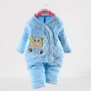Honey Boo Presents New Born Baby Cotton Cartoon Print 2 Piece Suit Keep Baby Warm Cotton Baby Boys Girls Unisex Baby Fleece/Falalen or Flannel Suit Infant Clothes (Blue 0-3 Months)