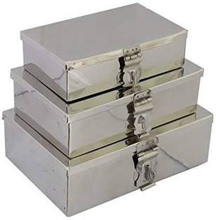 GINOSET Stainless Steel Storage Boxes / Cash Peti / Pooja Peti / Organizer / Vanity Box / Safe Locker Box Set of 3 pieces - 7", 8" and 9" Storage Box (Steel) Cash Box