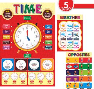 Early Learning Kids Educational Posters for Preschool Includes Time, Opposites,Weather,Days Of The Week & Months Of The Year (5 Posters Set) Paper Print