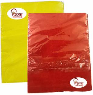 DIVYA Cotton Wicks Puja Cloth || Cotton Cloth Aasan For Pooja or Mandir || Cotton Altar For Puja || Combo Pack 2 || And 1 Packet Long Cotton Batti Free || Color Red, Yellow || Size 1 Meter Of Each Altar Cloth