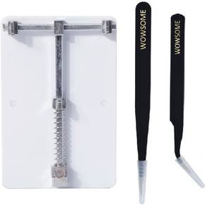 WOWSOME Mobile Phone Board Repair Fixture PCB Holder Work Fixed Support Clamp or PCB Board Repair Holder with Black Coated Pointed and Curved Tips Tweezers (Stand with 2 Tweezers) Electronic Components Electronic Hobby Kit