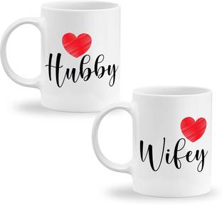 GIFTkarde Hubby Wifey Printed Couple Coffees || Set of 2 Ceramic 11oz 325ml Cup Ceramic Coffee Mug