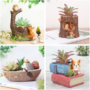 GGDecor Resin Pot Pack of 4 Owl Tree|Puppy with Book|Boat|Tree Shape Resin Pot Design Resin Succulent Pots Resin Planter Succulent Pot Succulent Indoor and Outdoor Pot Plant Container Set