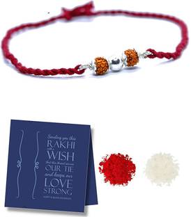 DEVU PARBAT ENTERPRISE Rudraksh SD21 Silver Rakhi, Greeting Card, Chawal Roli Pack  Set