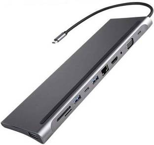 microware 11-in-1 Type C Adapter with USB 3.0 Ethernet VGA 4K HDMI Port,SD/TF Card Reader,PD Charging Port and 3.5mm Audio Jack Compatible with ,ChromeBook and More Laptop 11 IN 1 hub USB Hub