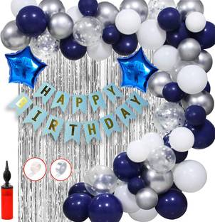 Hemito Happy Birthday Decoration Kit Combo 61Pcs for Blue Silver and White Balloons - HBD Letter Star Foil Balloons with balloon hand pump for Kids boy Girl Adults 40th 50th 60th Theme Décor/Happy Birthday Decoration Items Set