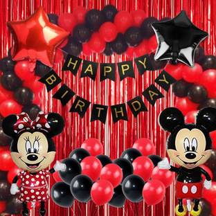 Wonder Mickey-Minnie Mouse Jumbo Combo,Black Happy Birthday Banner 50 Red,Black Balloons 2 Red Curtain 2 18inch Star Set of 57