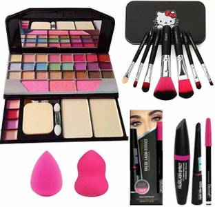 Dhanmann 6155 Makeup Kit & Brush + 2 Pc Blender Puff and 3 in 1 Kajal + Mascara +Eyeliner