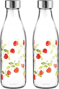 TREO Ivory Premium Glass Printed Bottle, Set of 2, 1000 ml Each, Red Cherries 1000 ml Bottle