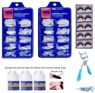CHIWA TWO SET OFTWO SET OF 100 nail, 3glue off white & False Eyelashes-Set of 5, Eyelashes Glue & Eyelash Curler (Total Pack of 12) (4 Items in the set)