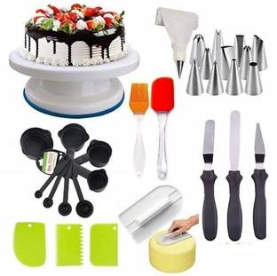 टेस्ला एक्सिम Cake Tools Round Easy Rotate Turntable + 8-Pc Black Measuring Cups + Silicone Spatula and Brush Set + 4 Pcs Set Scraper + 12 Piece Cake Decorating Set + Acrylic Handle Knife and Server Set 3 पीस नाइफ सेट हाई क्वालिटी केक स्मूथर बहुरंगी रसोई उपकरण सेट