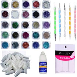 VOZWA 25 Color Nail Art Glitter Powder + Nail Art Dotting Tools + 100 artificial nails + 1 Nail Glue + 1 Nail Tip Guide Sticker