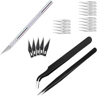 WOWSOME Detail Pen Knife Metal Handle With 5+15 (Note: extra 15 blades are different from other 5) Interchangeable Sharp Blades for Art and Craft Work Multipurpose With Set of 2 ESD Non Magnetic Tweezers Paper Crafting Tool