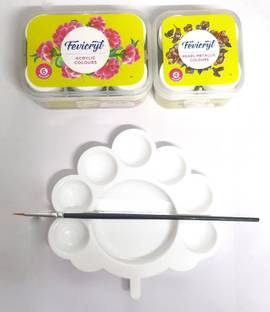Fevicryl 6 SHADES ACRYLIC COLOR SET + 4 SHADES PEARL METALLIC COLOR SET WITH PLASTIC PALETTE & ROUND BRUSH COMBO ART SET FOR ARTISTS PAINTING