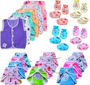 V.B.K Baby Boy and Baby Girl Essential Clothing Set Combo With Jhabla (Sleveless Shirt) (6 Pcs), Nappy (Langot) (Cloth Diaper) (12 Pcs), Hand Mittens (Gloves) (4 Pair), Leg Booties (Socks) (4 Pair), Pure Organic Cotton Soft Fabric, 0 to 6 Months
