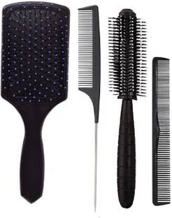 E-DUNIA 4PCS Hair Brush Set Paddle Brush Round Brush Tail Comb for Damaged Hair Massaging Scalp Hair Drying Styling Curling Fine Cutting Comb for Women Men Kids
