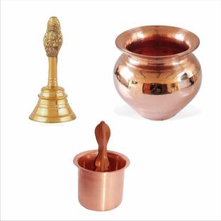 AANU Copper Pooja Samagri || Set of 4 Pcs, Pooja Kalash/Lota, Ghanti and achmani Spoon for Temple and Home Use for All Festive Items Pooja Accessories Brass, Copper Kalash