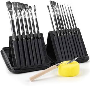FRKB 15Pcs Black Paint Brush Set with Portable Carrying Case