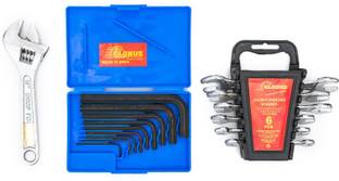 Globus 898..ALLEN KEY SET/9 PCS, ADJUSTABLE WRENCH CHROME 6" AND DOUBLE OPEN END SPANNER SET/6 PCS IN RAKE Hand Tool Kit